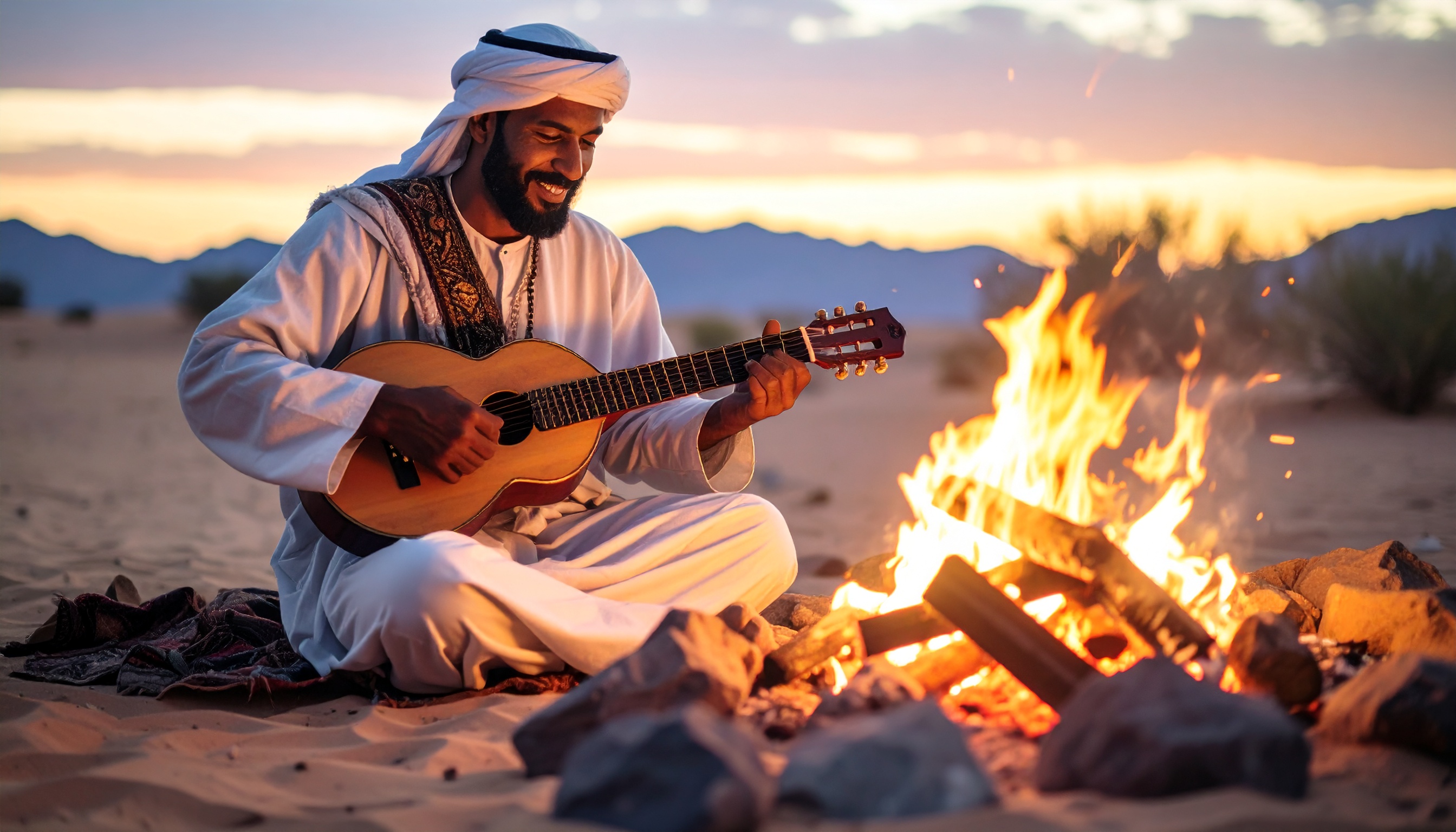 Homme qui joue du Oud autour d'un feu de camp