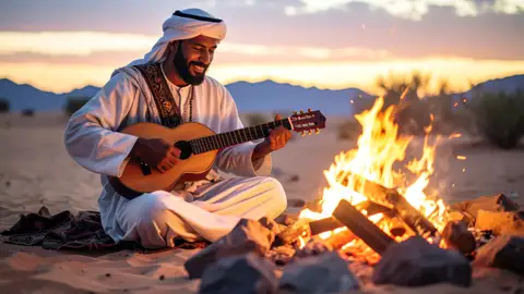 Homme qui joue du Oud autour d'un feu de camp