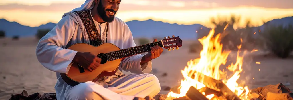Homme qui joue du Oud autour d'un feu de camp
