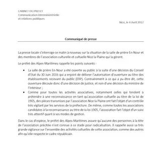 Communiqué du cabinet du prefet