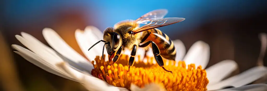 Photographie d'une Abeille en gros plan qui butine une fleur