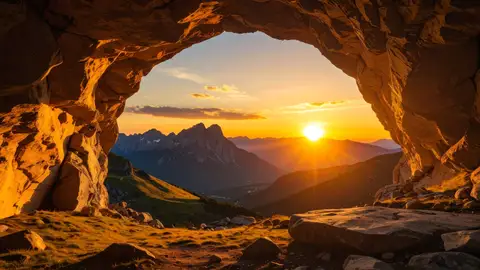 Vue d'un paysage depuis l'intérieur d'une caverne