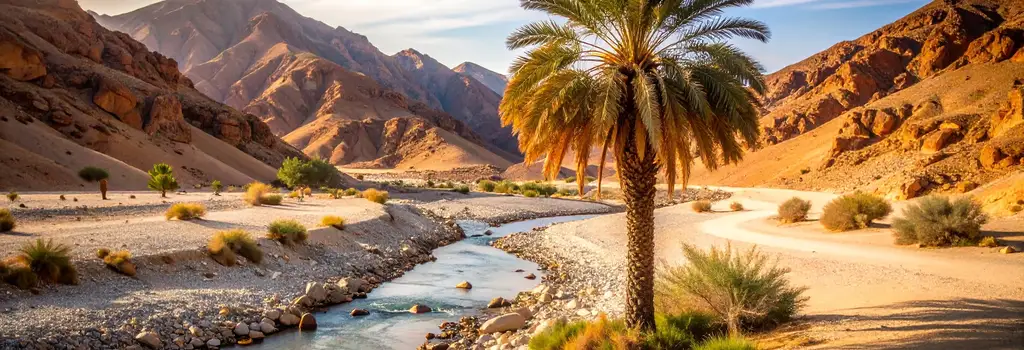 Un dattier au bord d'un ruisseau dans le désert