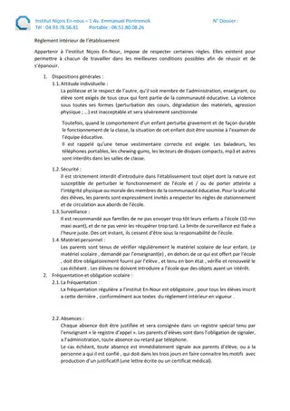 Règlement intérieur de l'école
