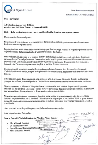 2025-09-29 - Courrier Fermeture École