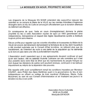 Communiqué Mosquée Ennour, propriété niçoise